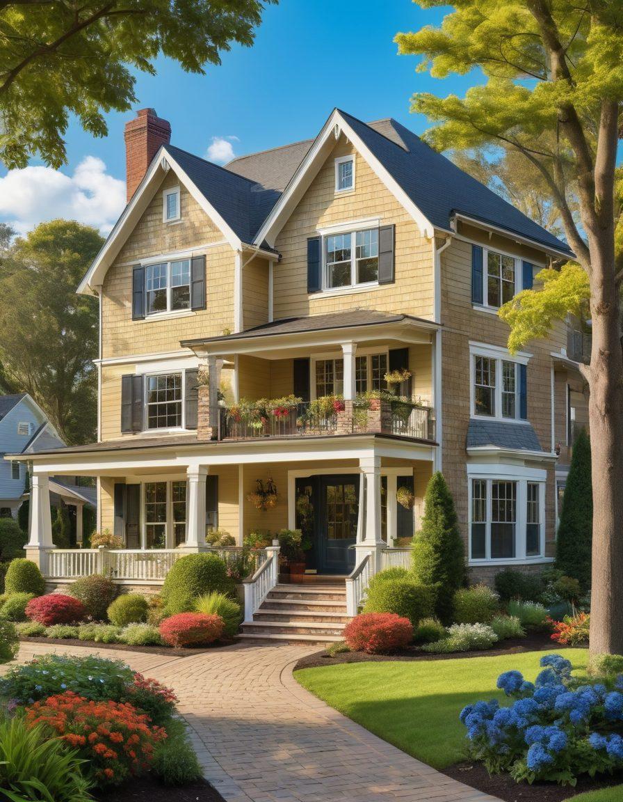 A picturesque suburban neighborhood with a variety of dream homes, showcasing different architectural styles. Include a family happily touring a house with a real estate agent, while signs of a competitive market, such as 'Sold' signs and busy open house events, are visible in the background. Lush greenery and bright blue skies create an inviting atmosphere. super-realistic. vibrant colors.