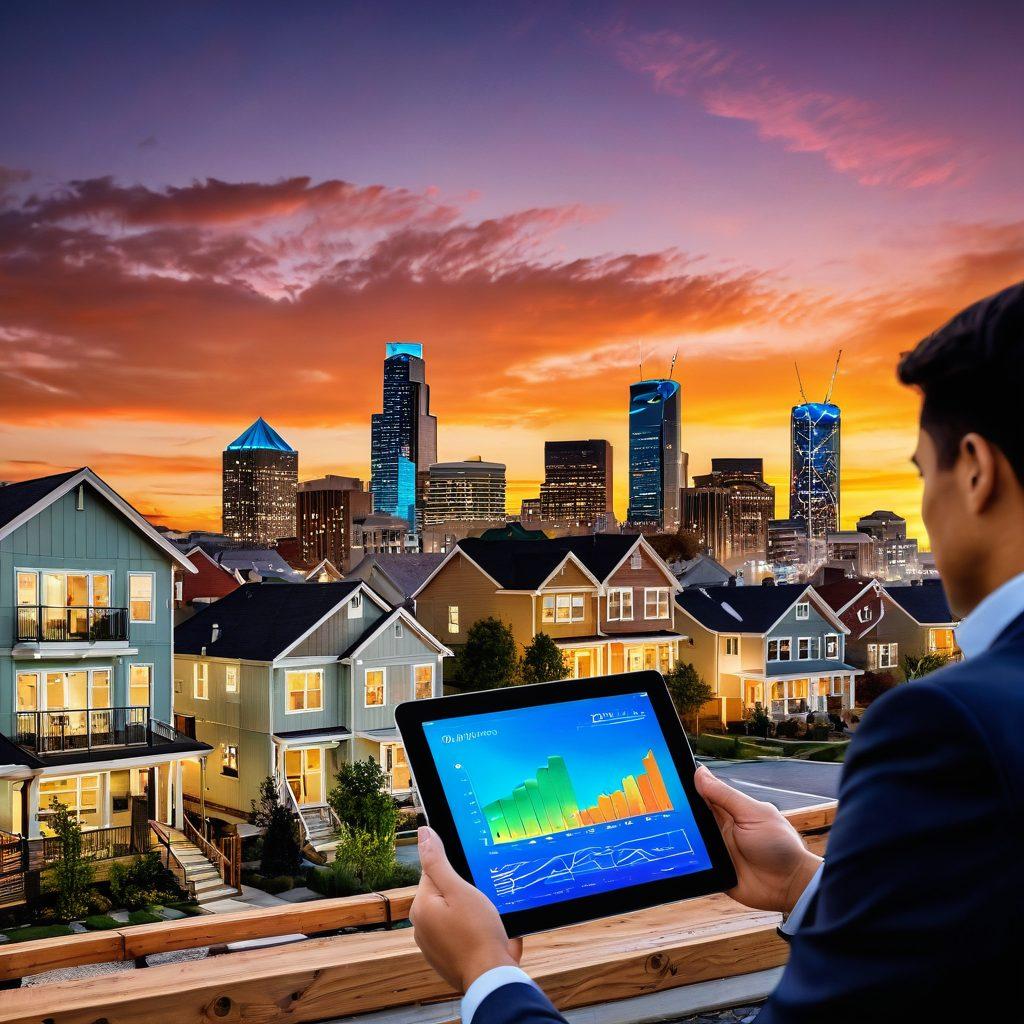 A vibrant city skyline at sunset, showcasing various styles of homes like traditional, modern, and eco-friendly designs. In the foreground, a diverse group of new homeowners, engaged in discussion, with one holding a tablet displaying market insights. Subtle graph overlay indicating rising market trends, while the overall atmosphere conveys optimism and growth. super-realistic. vibrant colors. urban landscape.