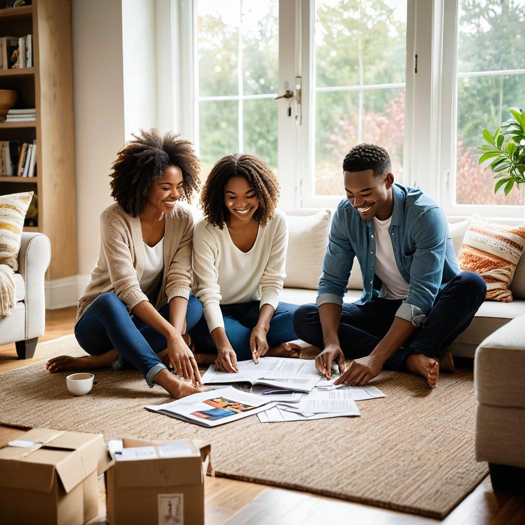 A cozy, inviting living room featuring a young couple happily exploring a house plan, surrounded by boxes and home decor samples. Sunlight streams through the window, illuminating a new set of keys on a table, symbolizing their first home. Include elements like a welcoming doormat and potted plants to enhance the warmth of the scene. bright colors. super-realistic.